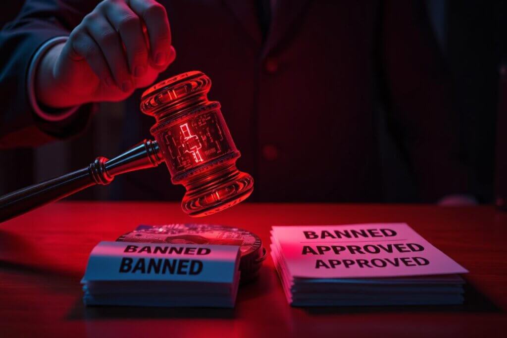 A digital gavel symbolizing the new 2026 copyright rules for selling AI art.