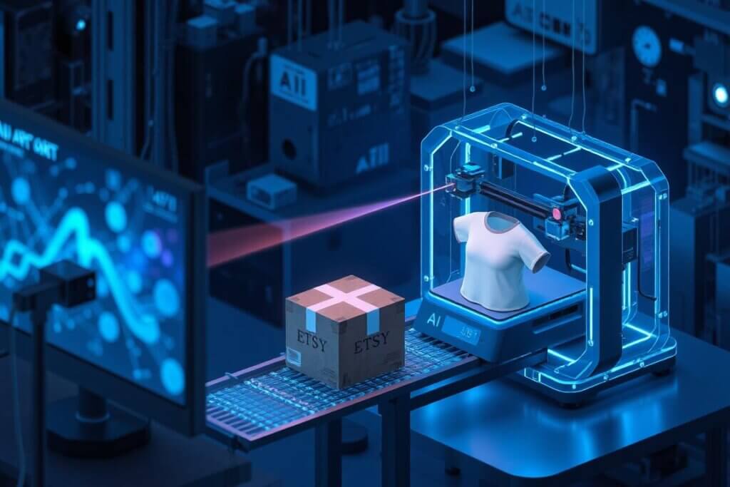 A digital workflow showing AI art being printed onto a shirt for Etsy.