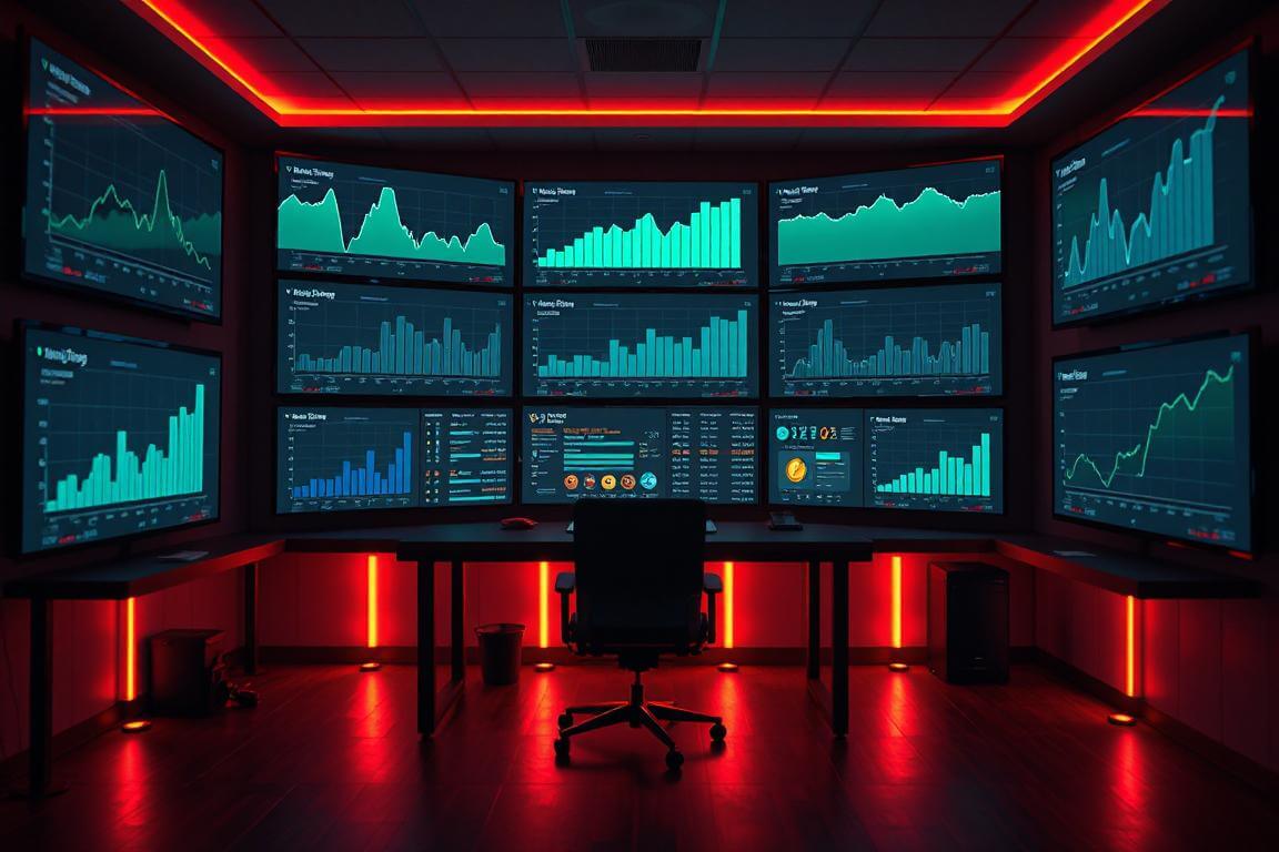 A futuristic control room displaying growing YouTube analytics for a faceless automation channel.