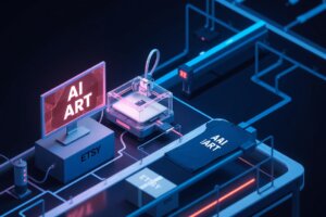 A digital workflow showing AI art turning into a printed T-shirt for Etsy.