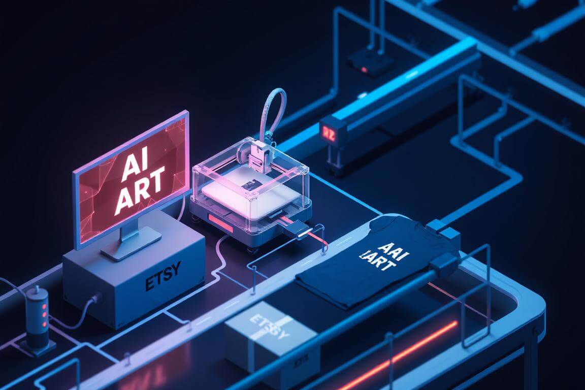A digital workflow showing AI art turning into a printed T-shirt for Etsy.