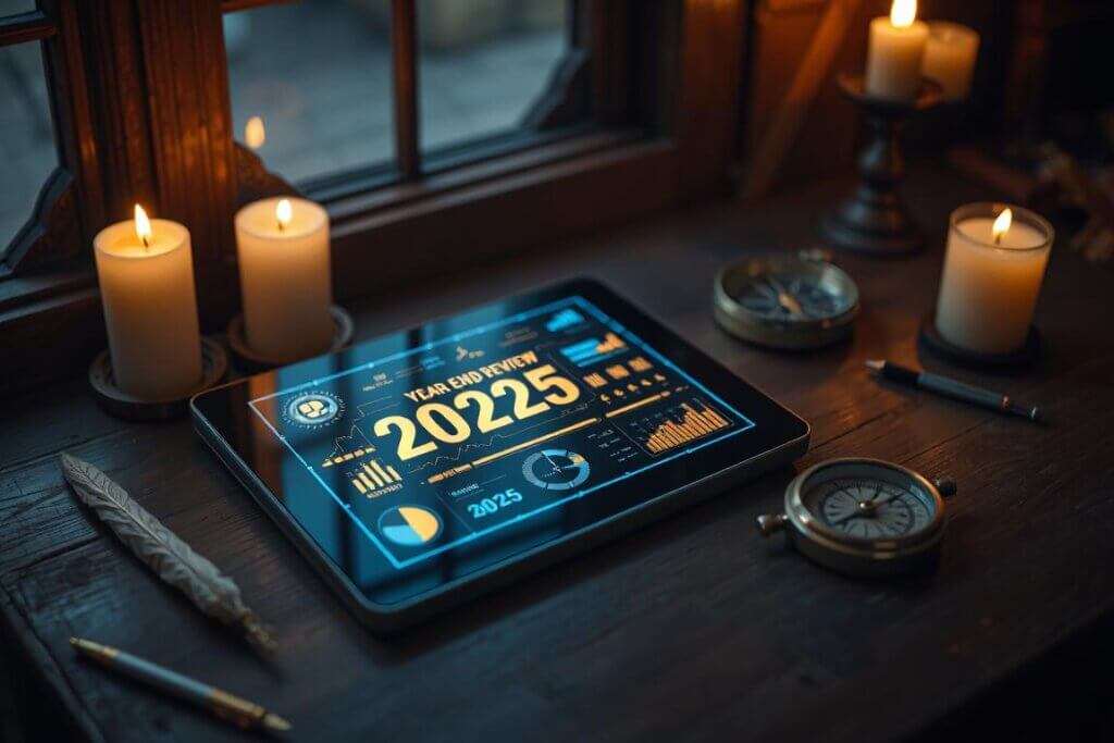 A tablet on a pirate desk displaying a 2025 financial year-end review.