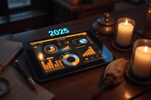 A futuristic tablet on a pirate desk displaying a 2025 financial year-end review hologram.