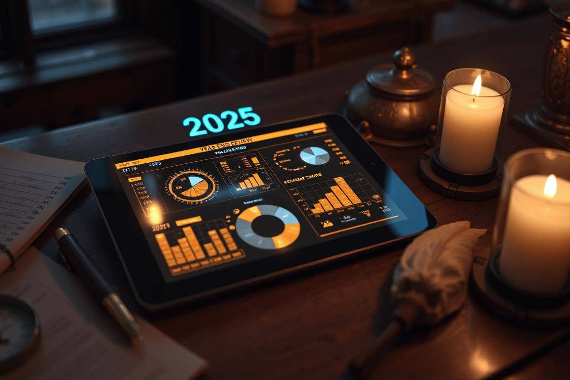 A futuristic tablet on a pirate desk displaying a 2025 financial year-end review hologram.