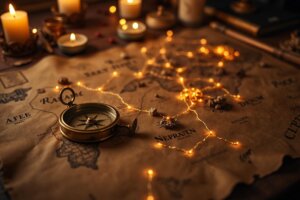 A digital pirate treasure map showing glowing keyword clusters and data nodes.