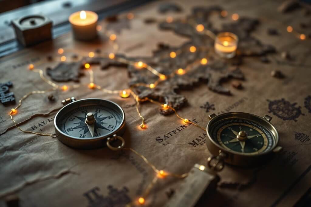 A pirate treasure map showing glowing keyword clusters and data nodes.