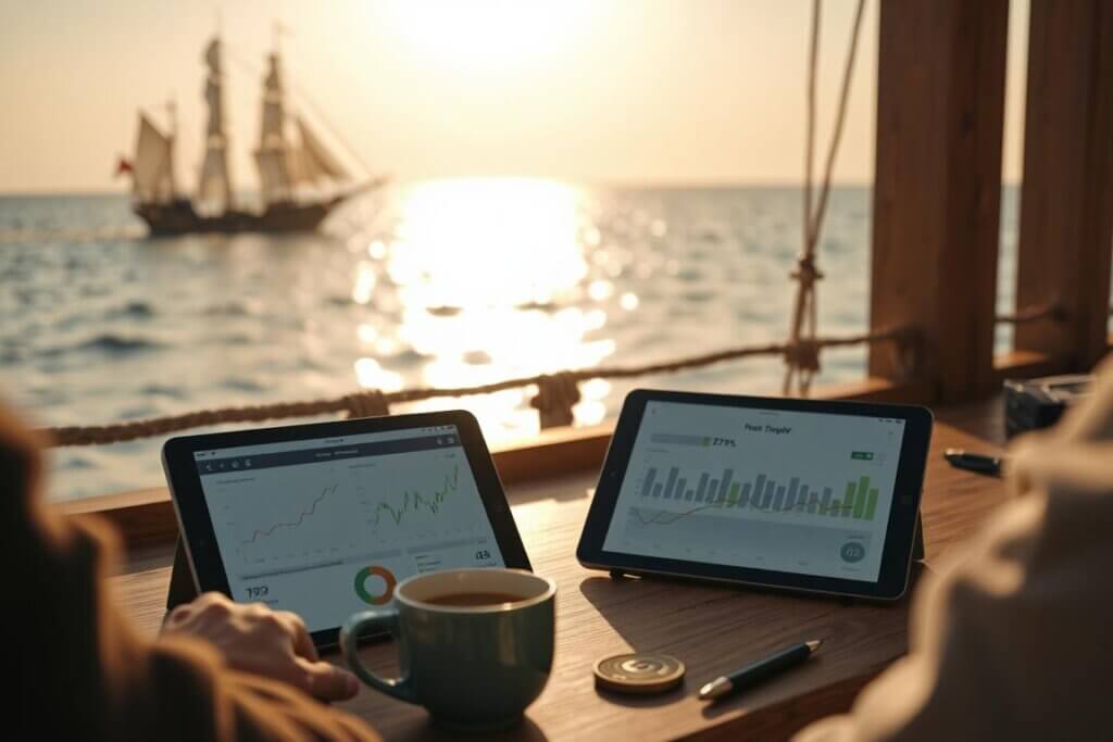 A tablet showing an automated AI market research dashboard next to a cup of coffee.