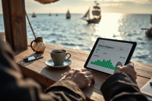 A tablet showing an automated AI market research dashboard next to coffee.