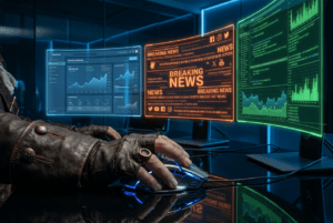 Three monitors displaying FinChat, Perplexity, and ChatGPT for stock analysis.