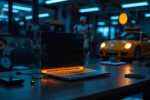 A futuristic laptop and wearable AI pin, representing the best tech of CES 2026.