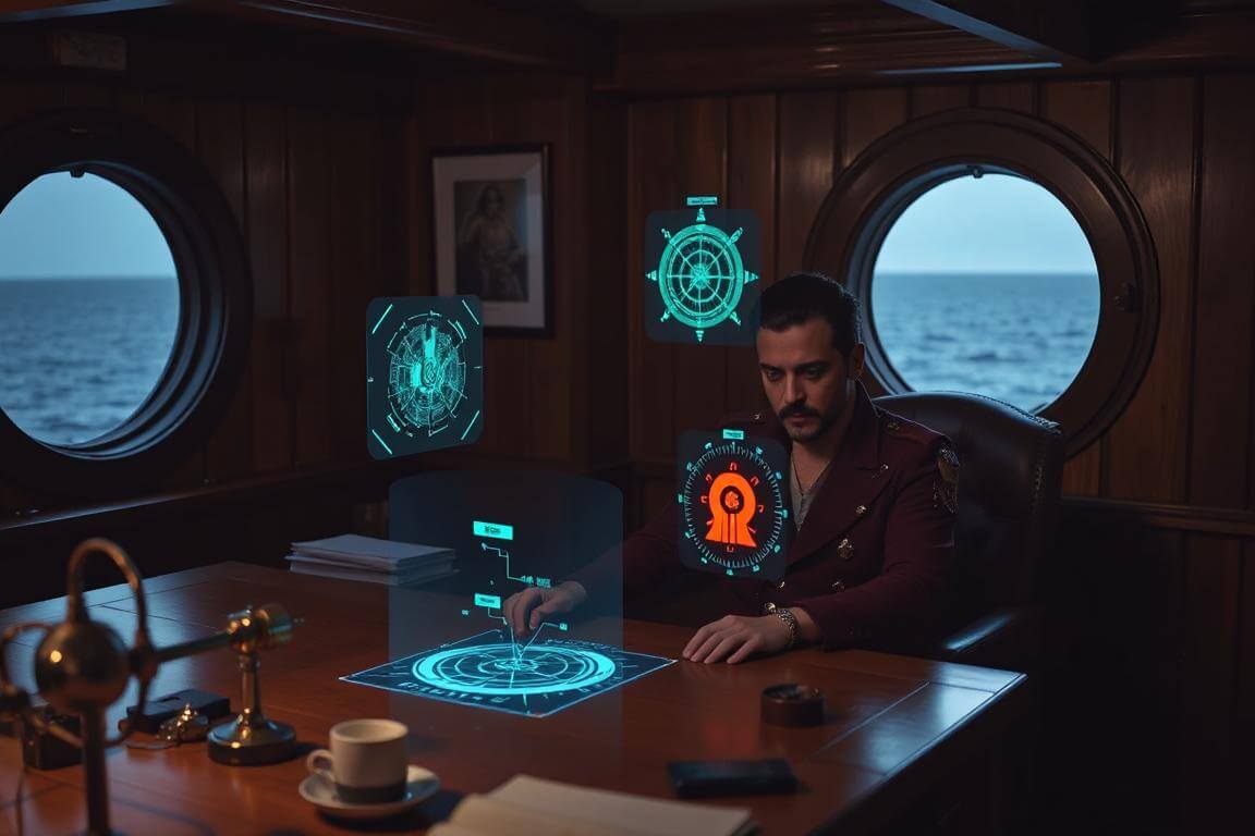 A pirate captain comparing KoalaWriter, Agility Writer, and Surfer AI on holographic screens.