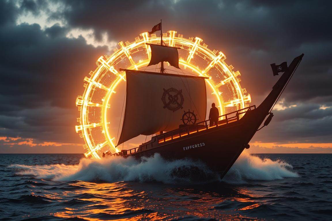 A futuristic ship protected by a shield sailing through a digital storm, representing surviving Google AI updates.