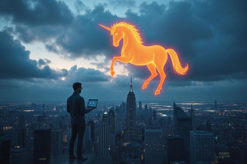 A solo founder projecting a digital unicorn over a city.