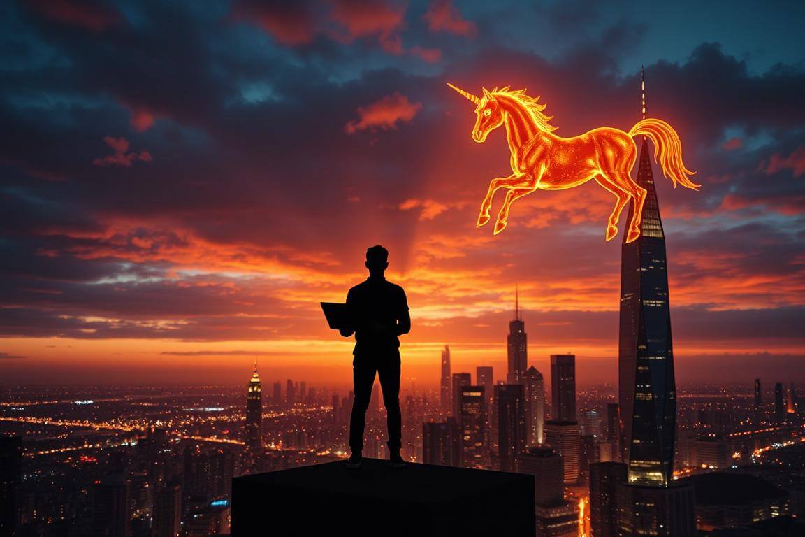 A solo founder projecting a digital unicorn over a futuristic city.