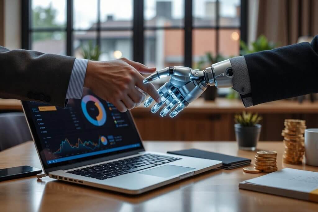 A robot shaking hands with a business owner, symbolizing an AI Automation Agency.