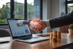 A robot hologram shaking hands with a business owner, symbolizing an AI Automation Agency.