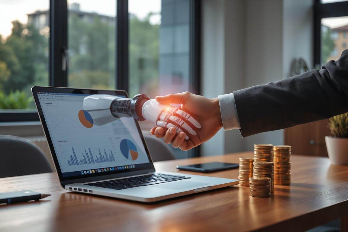 A robot hologram shaking hands with a business owner, symbolizing an AI Automation Agency.