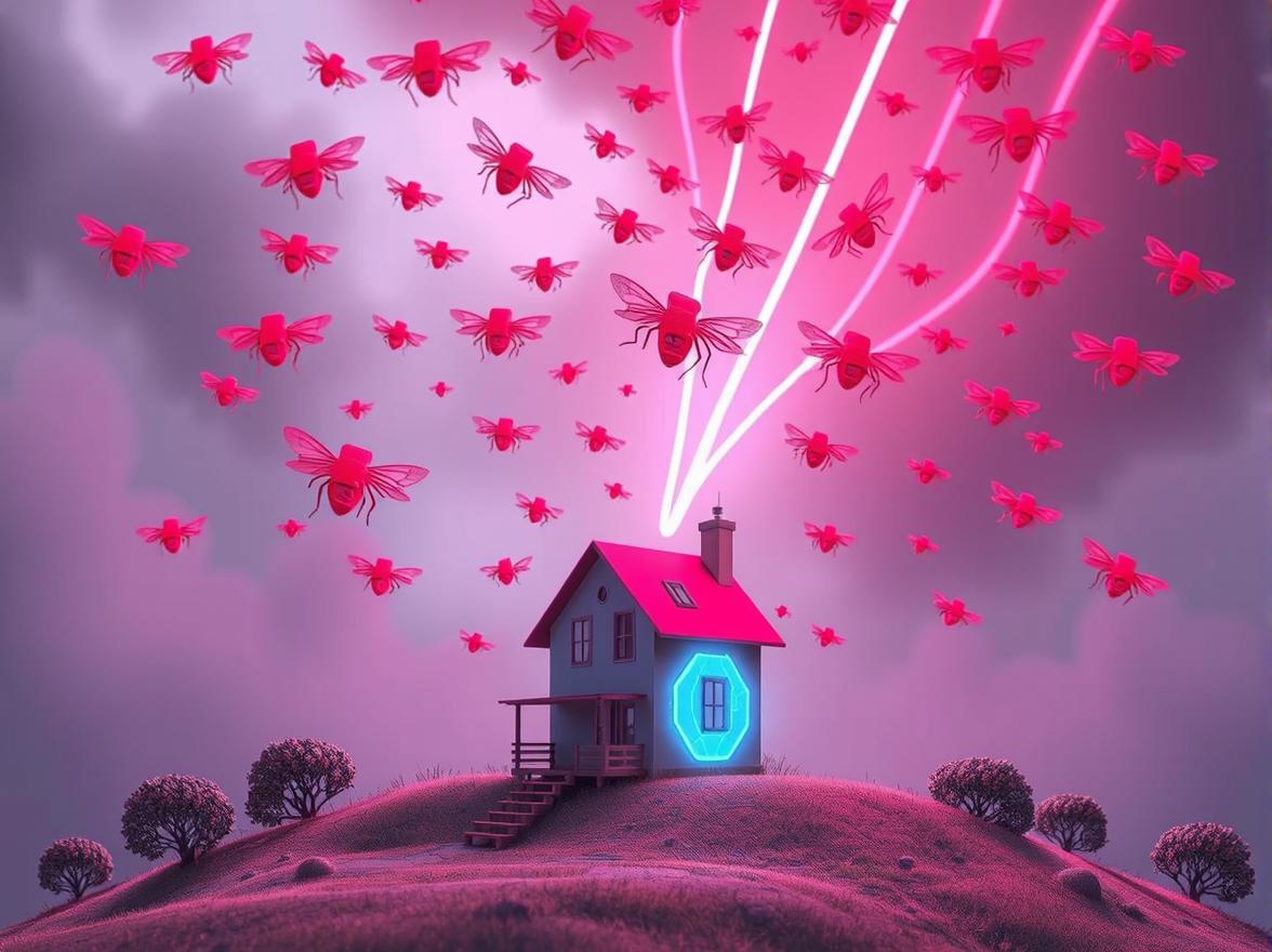 A swarm of robotic cyber threats attacking a small house protected by an energy shield.