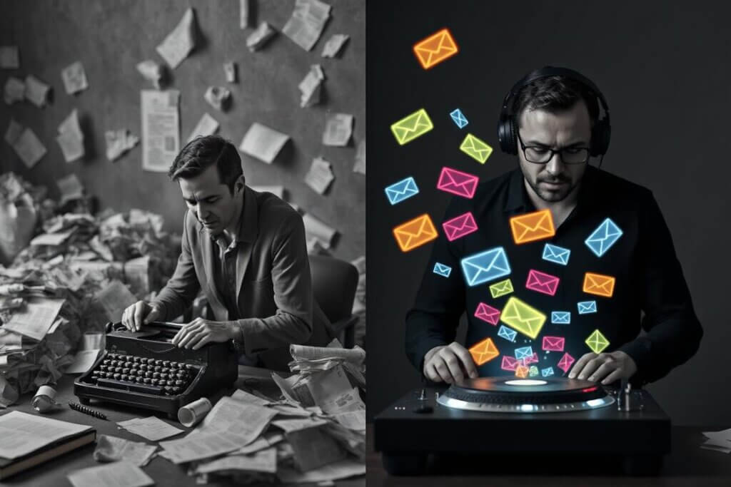 A stressed writer vs a relaxed newsletter curator using AI.