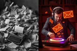 A struggling, stressed writer vs a relaxed newsletter curator using AI.