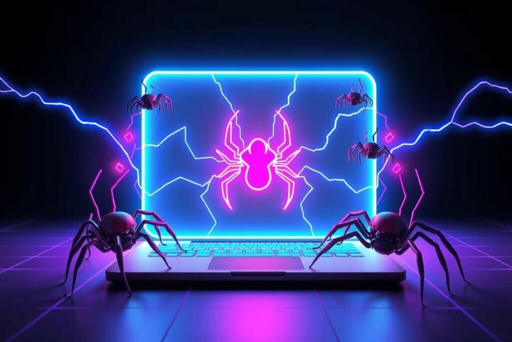 A laptop protected by a glowing blue forcefield repelling robotic spider cyber threats.