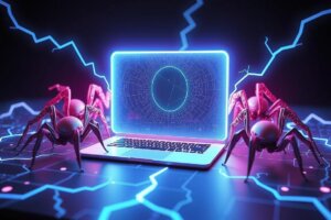 A laptop protected by a glowing blue forcefield repelling robotic cyber threats.