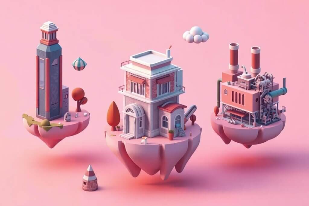 Digital buildings, representing beehiiv, Substack, and Kit.