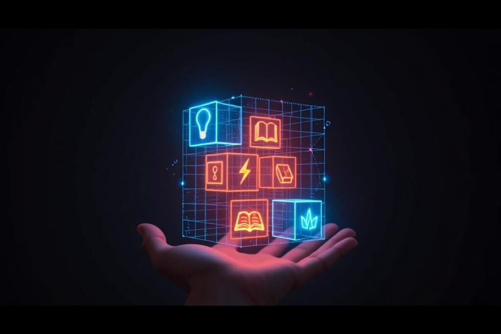 A 3x3 holographic content matrix grid for planning social media.