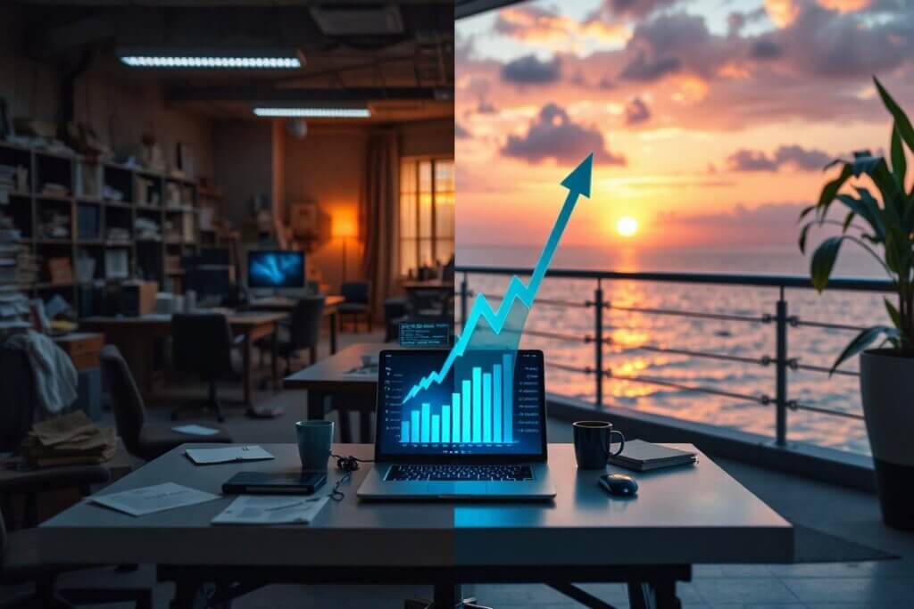 An empty office vs a solopreneur's laptop, symbolizing the death of the social media manager and freedom.