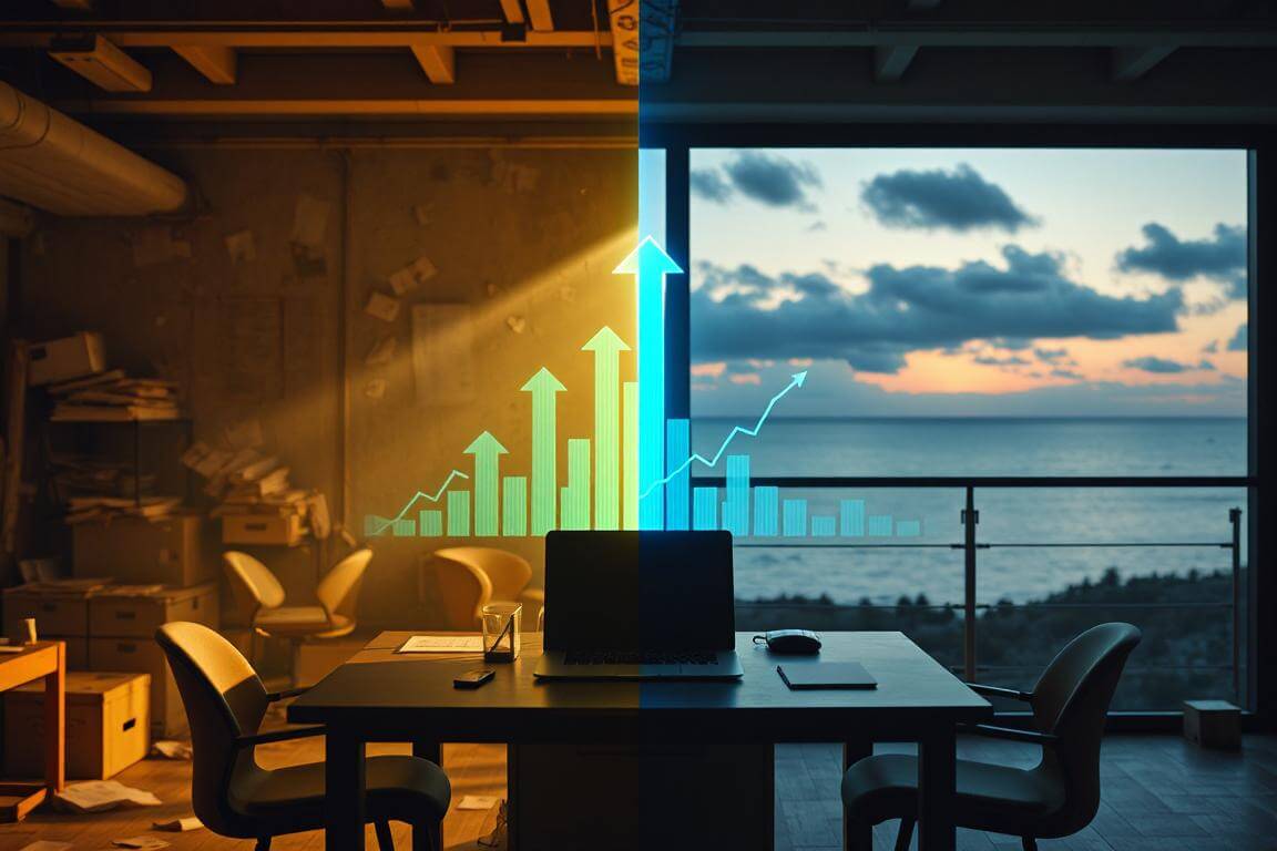 An empty office vs a solopreneur's laptop, symbolizing the death of the social media manager.