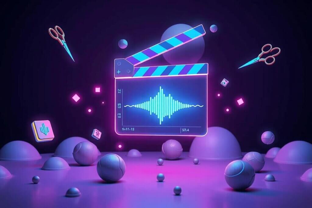 A digital director's clapboard showing audio waveforms and scissors.