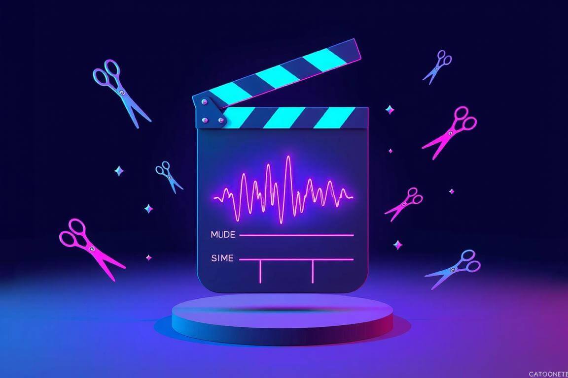 A digital director's clapboard showing audio waveforms and cutting scissors.