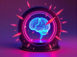 A digital AI brain protected inside a reinforced glass vault from red cyber attacks.