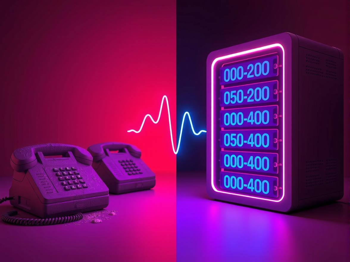 An empty, outdated call center transitioning into a glowing, futuristic AI server rack.