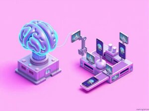 A digital brain connected via fiber optics to an automated video production line.