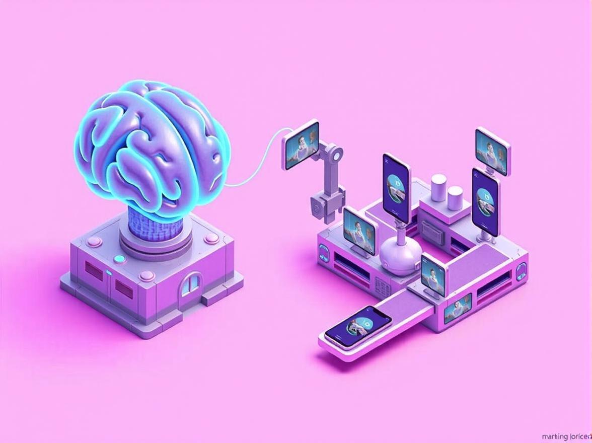 A digital brain connected via fiber optics to an automated video production line.