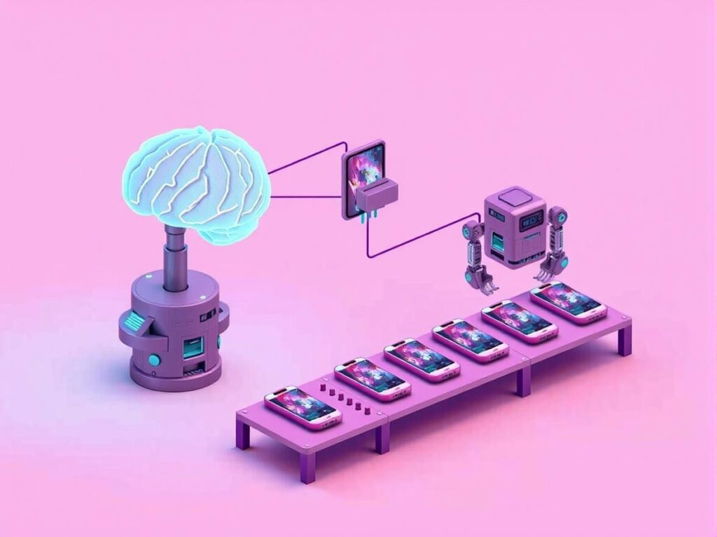 A digital brain connected to an automated video production line.