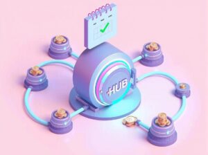 A central digital vault routing gold coins to smaller accounts through glowing tubes.