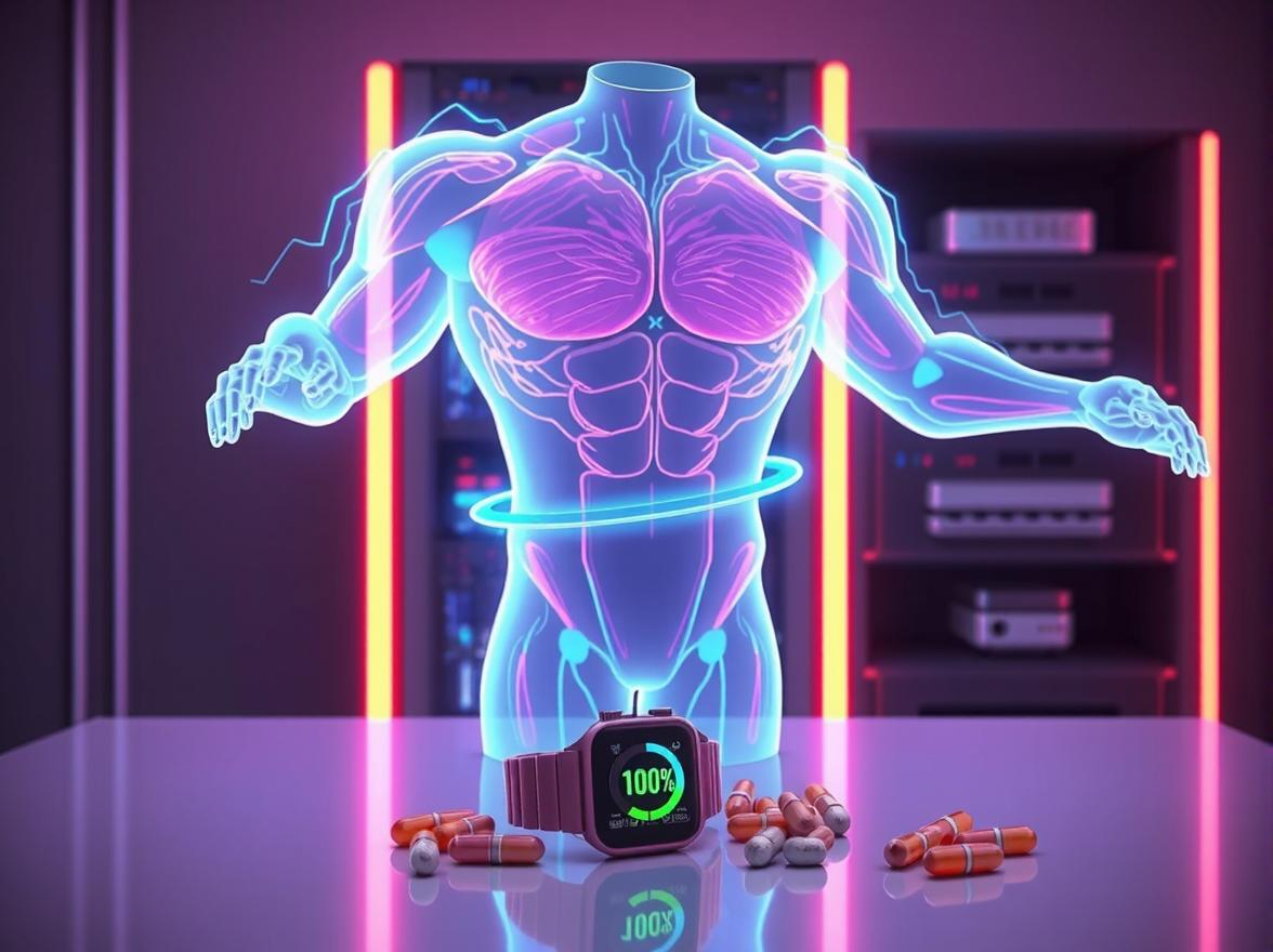 A holographic human body being scanned and optimized by glowing blue digital data streams.