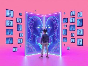 A human looking at glowing AI video clones.