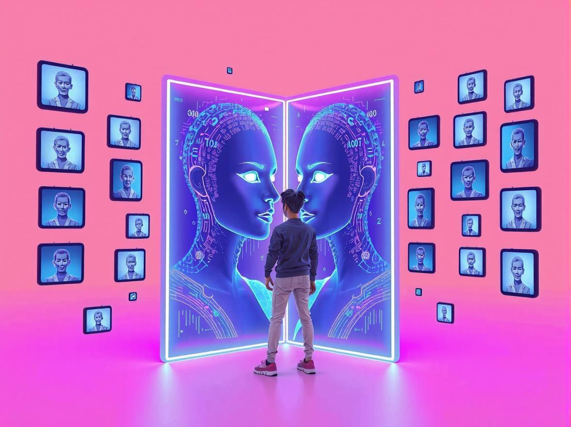 A human looking at glowing AI video clones.