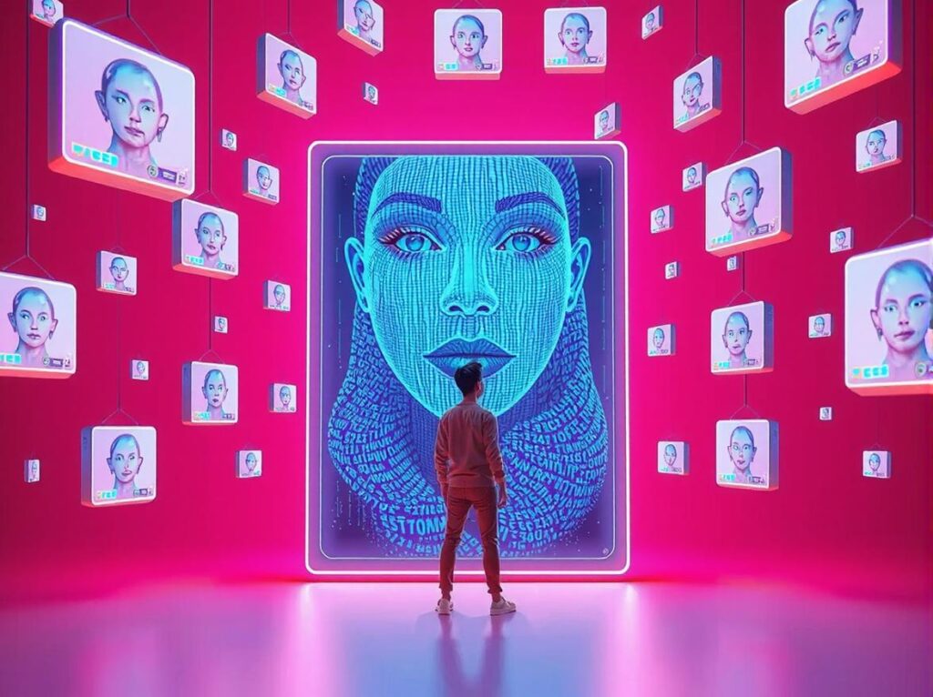 A human looking around at different AI video clones.