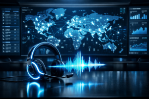 A futuristic glowing headset representing an AI voice agent handling thousands of calls.