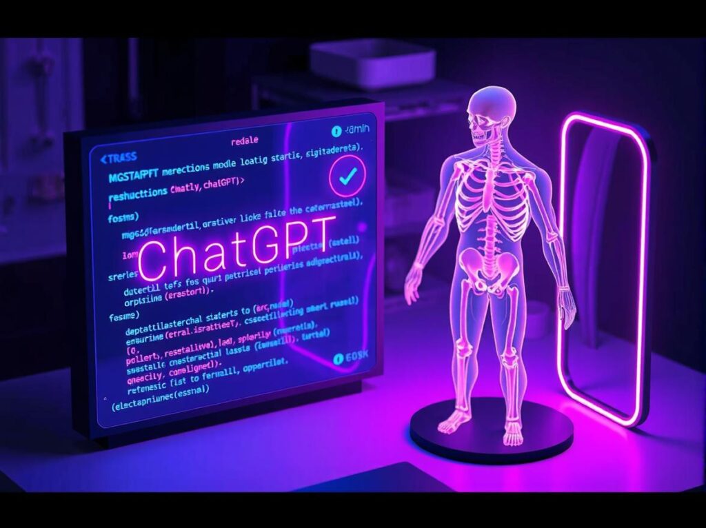 A digital terminal using lines of code to optimize a glowing holographic human.