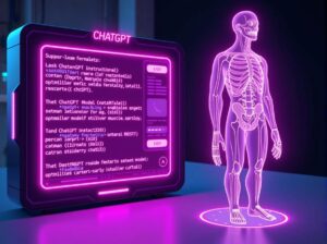 A digital terminal using lines of code to optimize a glowing holographic human body.