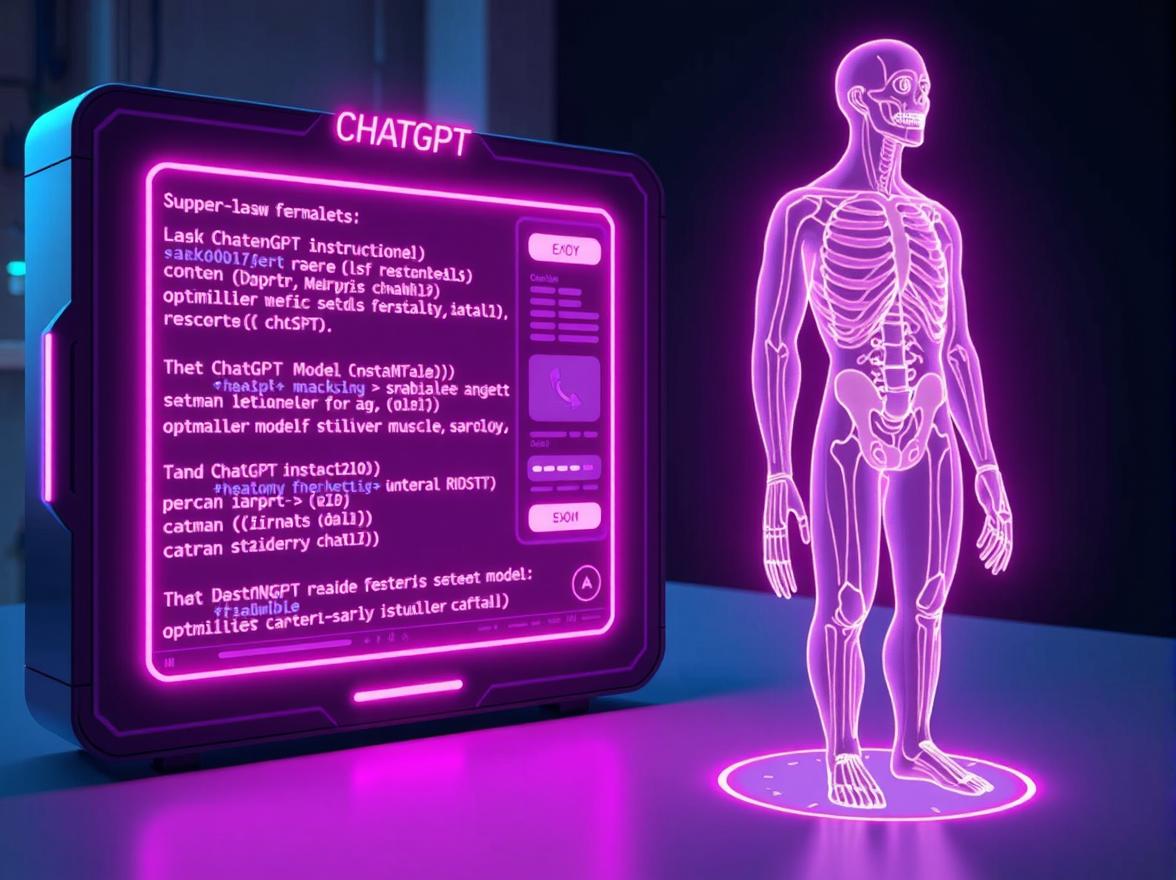 A digital terminal using lines of code to optimize a glowing holographic human body.