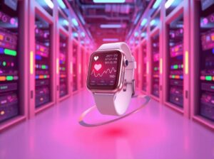 A high-tech smartwatch projecting a dashboard of human biometric data in a server room.