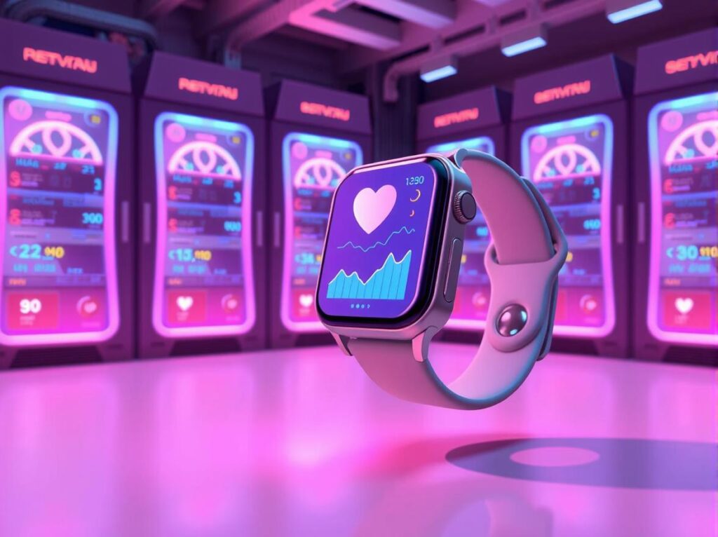 A high-tech smartwatch showing a dashboard of human biometric data in a server room.