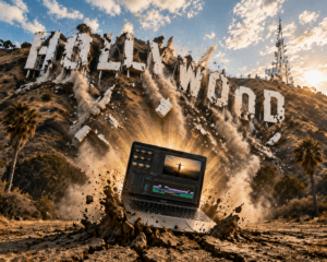 The Hollywood sign in the midst of crumbling and falling apart, symbolizing the end of Hollywood. A laptop is rising from the ground in front of it, symbolizing the rise of the 1-person movie studio.