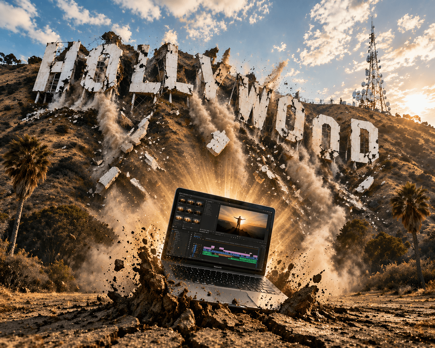 The Hollywood sign in the midst of crumbling and falling apart, symbolizing the end of Hollywood. A laptop is rising from the ground in front of it, symbolizing the rise of the 1-person movie studio.